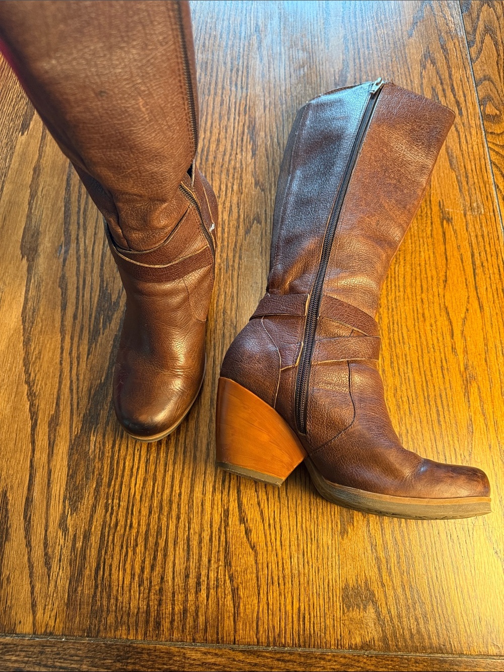 Korks Brown Leather Tall Boots Buckle Straps Chunky Heel Side Zip Boho 37